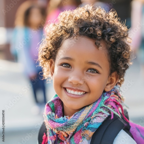 Child Smiles Brightly in a Colorful Scarf During School Hours Outside With Cl...