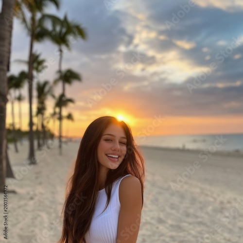 Smiling Young Woman at Beach During Sunset With Palm Trees in Background
