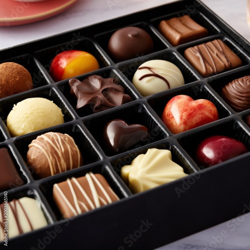 Different Types of Chocolates Arranged in a Black Box in a Soft Lighting Sett...
