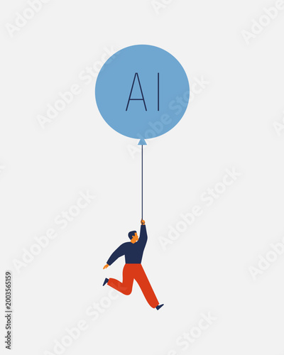 AI dependency. Man floating on big air balloon with text 