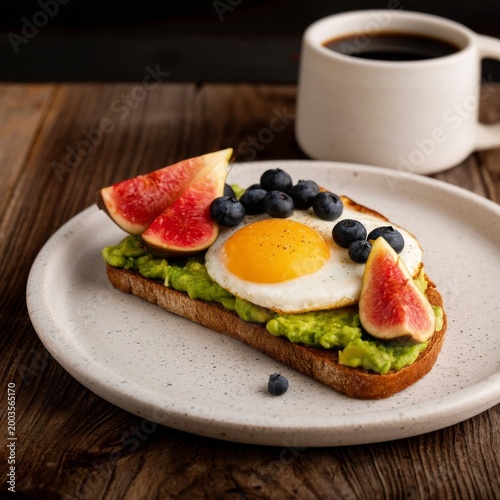 Breakfast With Eggs, Avocado, Fruit, and Coffee on a Wooden Table