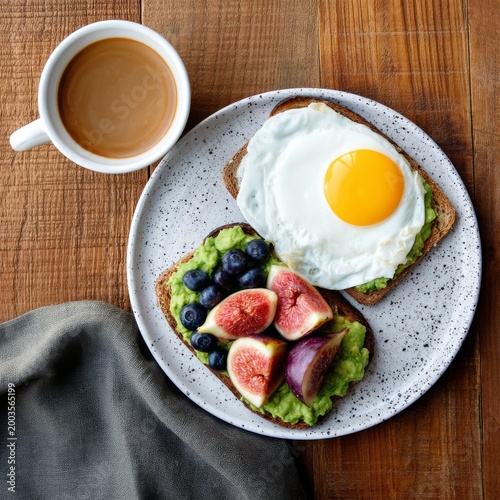 Breakfast With Eggs, Avocado, Fruit, and Coffee on a Wooden Table
