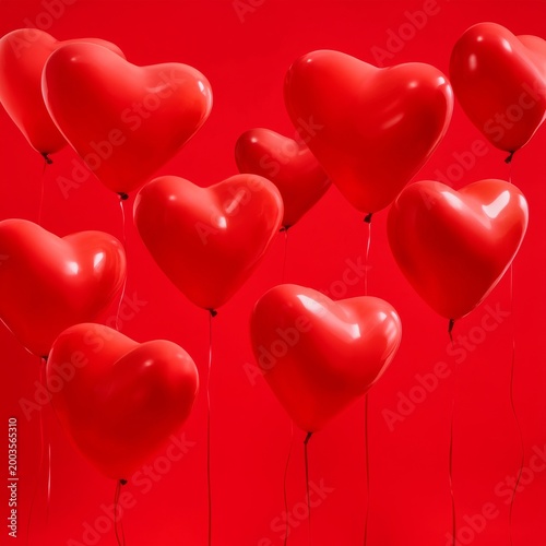 Heart Shaped Balloons Float Together in a Bright Red Background During a Fest...