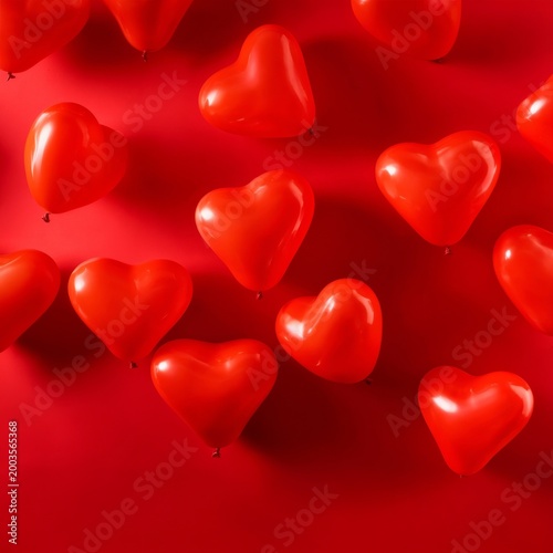 Heart-shaped Balloons Fill the Air at a Celebration in a Vibrant Red Backgrou...