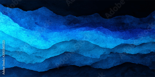 Abstract watercolor landscape painting presents a stylized and dreamlike view, layers of blue. The brushstrokes create a dynamic and evocative composition, ideal for conveying a sense of serenity.