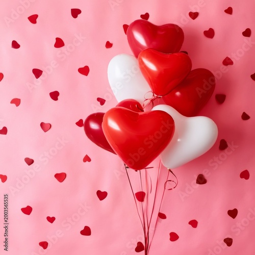 Colorful Heart Balloons on a Pink Background With Scattered Hearts for a Fest...