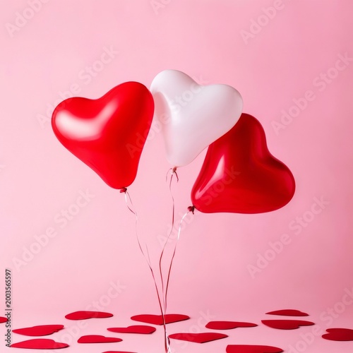 Colorful Heart Balloons on a Pink Background With Scattered Hearts for a Fest...