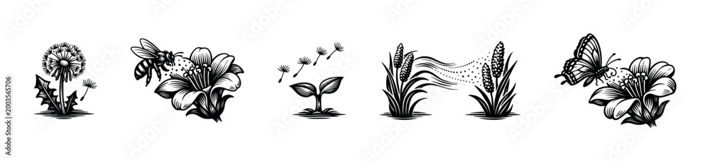 Obraz premium Black and white floral and insect vector illustrations featuring flowers bees butterflies and botanical elements