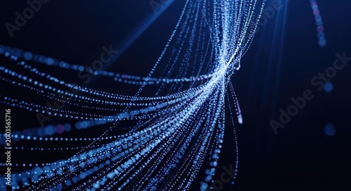 Abstract blue light trails swirl dynamically against a dark, starry background