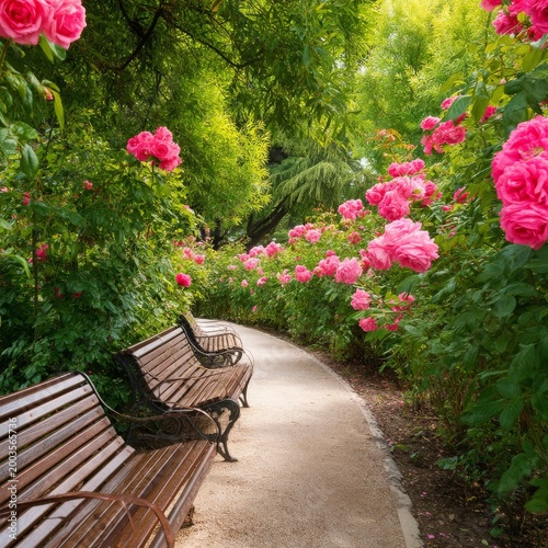Flowers Line a Pathway in a Garden With Benches Under Green Trees Near a Sunn...