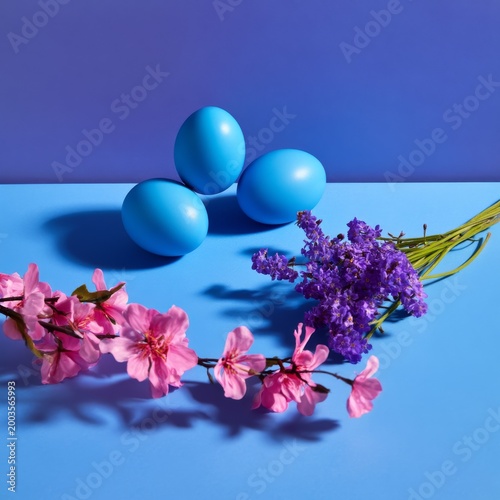 Bright Blue Eggs Placed Among Pink Flowers on a Blue Background During Spring...
