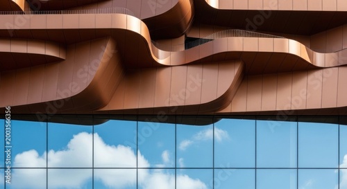 Curved copper facade above reflective blue glass building facade