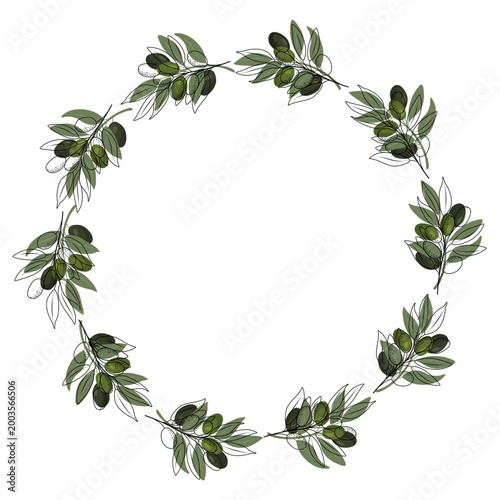 Circular olive branch wreath in Mediterranean style. Vector floral frame isolated on white for organic oil labels, wedding invitations, and elegant logo design.