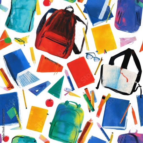 Bright Collection of School Supplies and Bags on a White Background