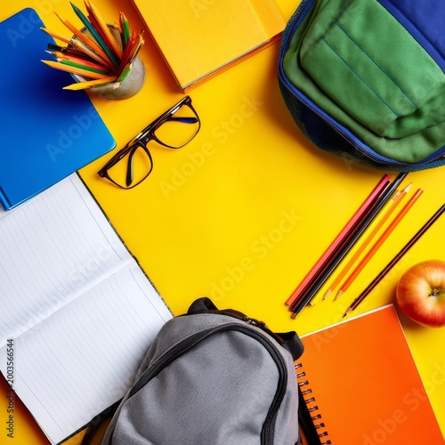 Study Materials and School Supplies Arranged on a Bright Yellow Surface for B...
