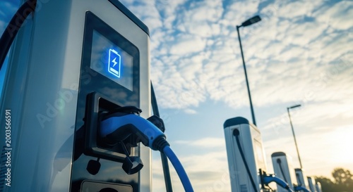 Electric vehicle charging stations ready for use, futuristic blue battery icon