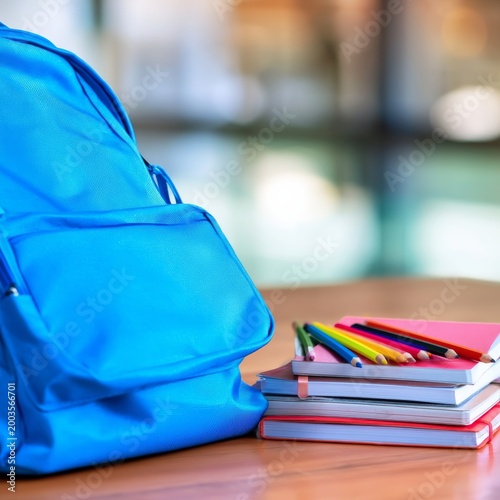 Backpack and School Supplies on Wooden Table in Classroom Setting During Scho...