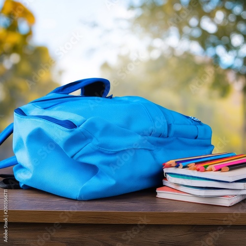Backpack and School Supplies on Wooden Table in Classroom Setting During Scho...