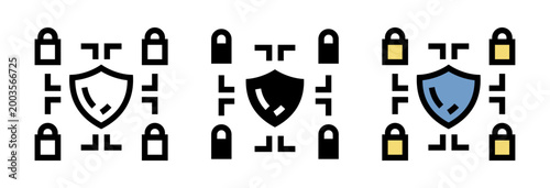 Conjunto de iconos de protección de sistema. Seguridad informática, red protegida, defensa digital, control de accesos, infraestructura segura. Ilustración vectorial