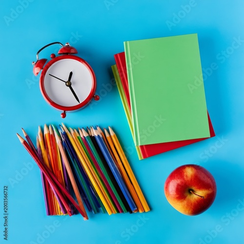 School Supplies on a Blue Table With Clock, Colored Pencils, Books, and an Apple