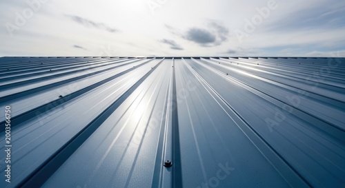 Gleaming corrugated metal roof panels recede into a cloudy sky
