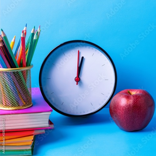 School Supplies on a Blue Table With Clock, Colored Pencils, Books, and an Apple