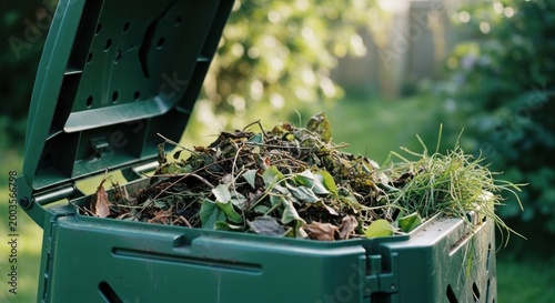 Green compost bin overflowing with garden waste and organic matter in sunlight