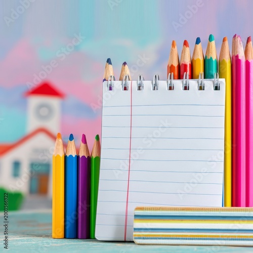 Colorful Pencils and Blank Notepad Placed on a Table Near a Small Toy School ...
