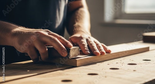 Hands smoothing wood plank with sandpaper, creating smooth finish
