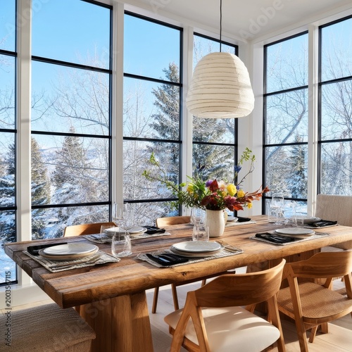 Beautiful Dining Space With Large Windows Showing Winter Landscape in a Cozy ...