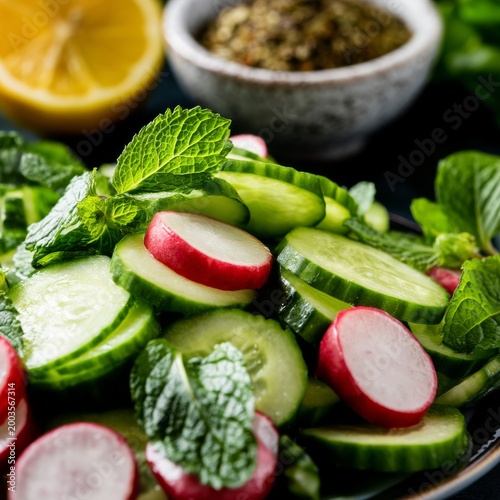 Fresh Salad With Cucumber and Radish on a Plate With Mint and Lemon in the Ba...