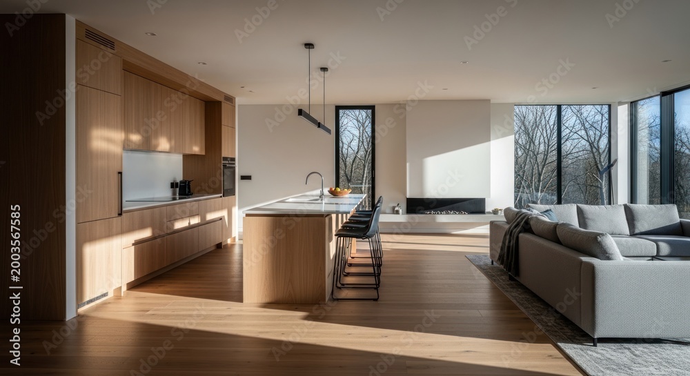 Obraz premium Modern open-plan living space with warm wood accents, island, fireplace