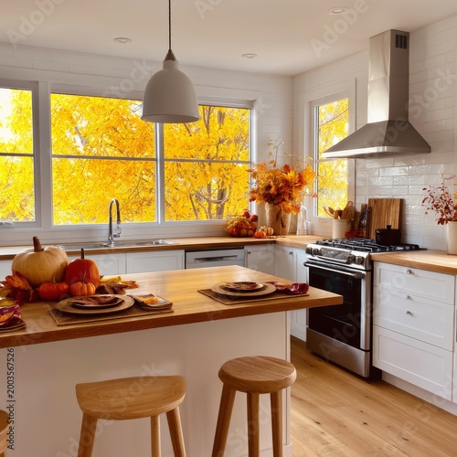 Autumn Kitchen With Yellow Leaves Outside and Decorated Table for Seasonal Di...