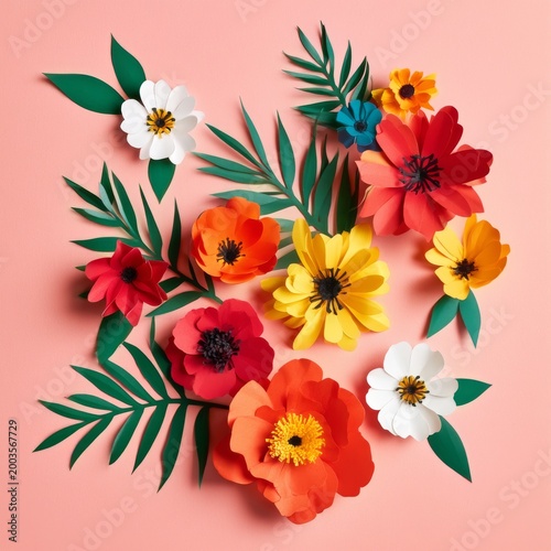 Colorful Paper Flowers Arranged on a Pink Background With Green Leaves