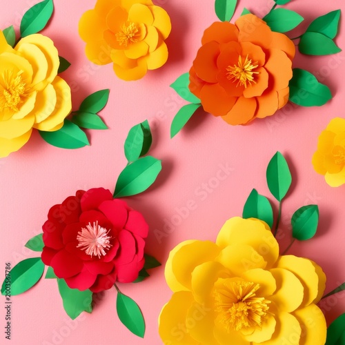 Colorful Paper Flowers Arranged on a Pink Background With Green Leaves