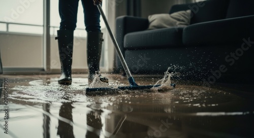 Person wearing boots cleans up a flooded apartment floor with a mop