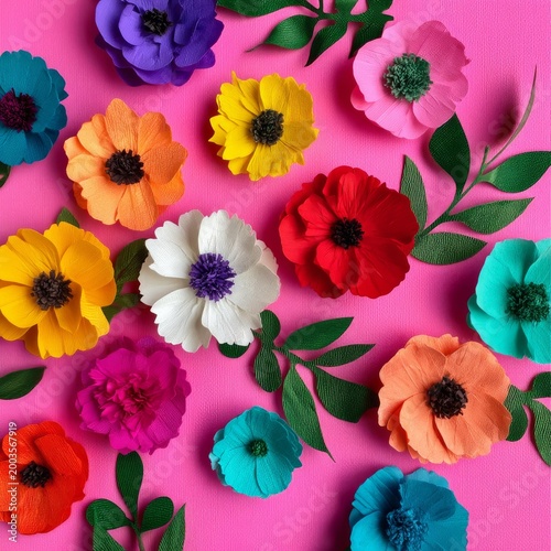 Colorful Paper Flowers and Leaves Arranged on a Pink Background for Craft or ...