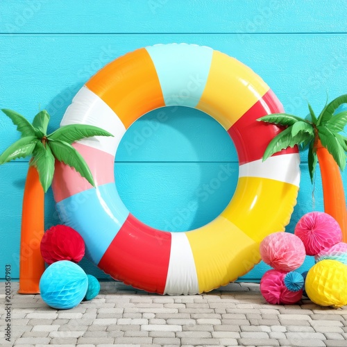 Colorful Pool Scene With a Lifebuoy and Decorations in a Fun Setting