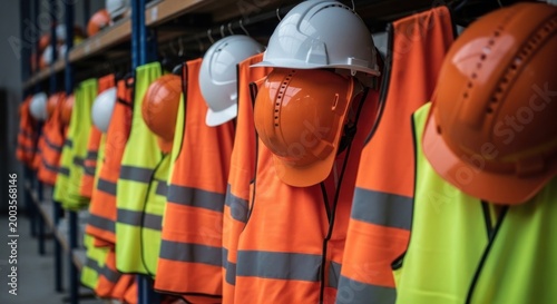 Safety gear, high-visibility vests, and hard hats hang neatly in a workshop