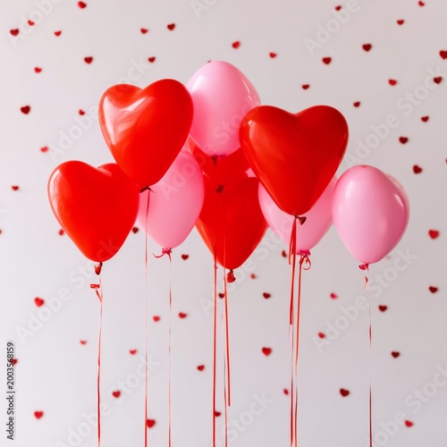 Balloons in Heart Shapes Float Against a Wall With Small Red Hearts During a ...