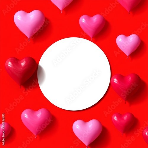 Different Colored Heart Balloons Surround a Blank Circle on a Red Background ...