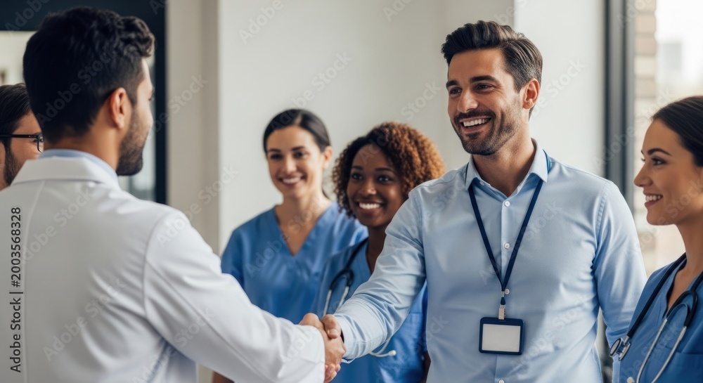 Obraz premium Smiling medical professionals in scrubs and lab coat shake hands