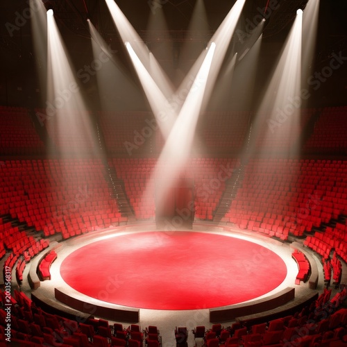 Spotlights Shine on Empty Circus Stage in Arena Setting Before Show Starts
