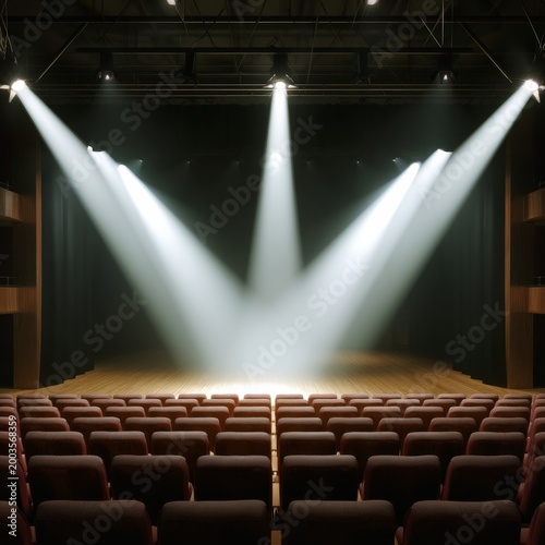 Stage Lights Shine Down on an Empty Theater in the Evening Before a Performan...