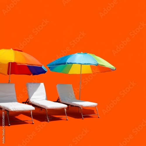 Colorful Umbrellas Shelter Loungers by Bright Backdrop at a Beach in Summer