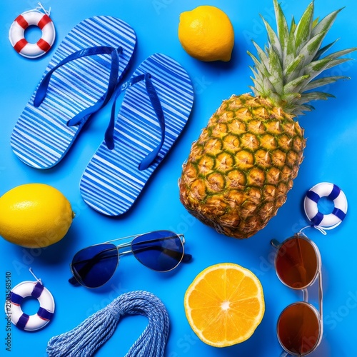 Fun Summer Scene With Flip Flops, Sunglasses, Fruits, and Beach Accessories o...