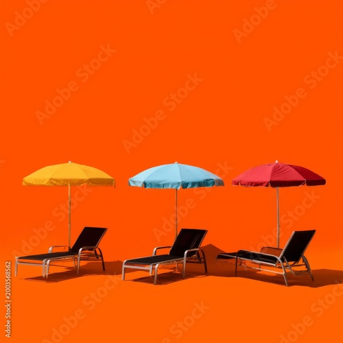 Colorful Beach Umbrellas Stand Beside Lounge Chairs Against an Orange Wall in...