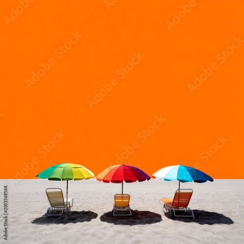 Colorful Umbrellas Shelter Loungers by Bright Backdrop at a Beach in Summer