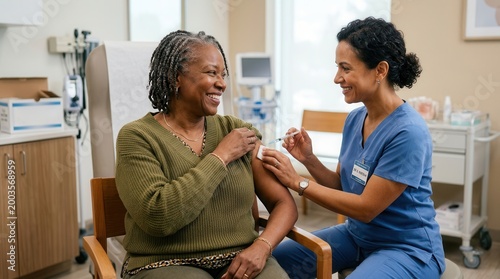 Nurse giving vaccination injection to smiling elderly patient