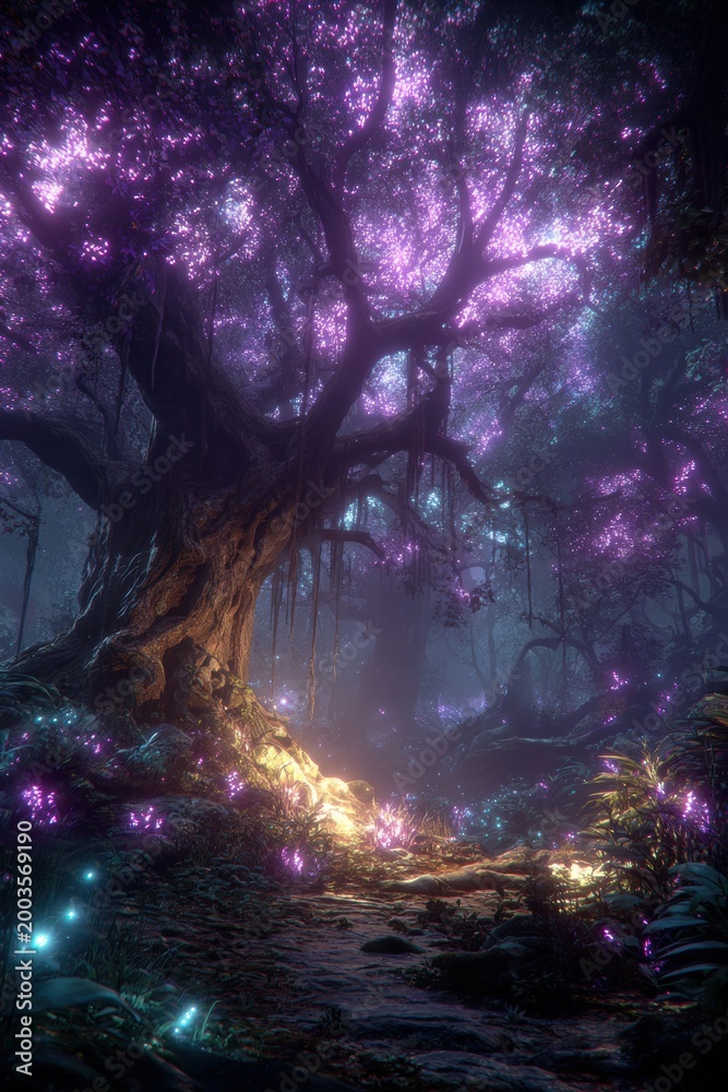 Fototapeta premium Fantasy wallpaper. A vivid, fantastical depiction of a mystical forest at night. The main subject is a large, gnarled tree with a canopy of pinkishpurple blossoms.